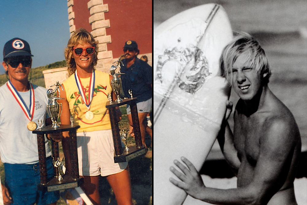 (Left) Debra Swaney, nominated in the Women’s surfing category, is another in a long line from the powerhouse known as Jax Beach. A founding member of Sisters of the Sea, she is also a four-time East Coast Women’s champion and a two-time U.S. champion, just a few of her bona fides that are too numerous to list here. (Right) Men's surfing nominee Skill Johnson of Maryland was a standout in the '60s and '70s comp scene and is still surfing today. He is well remembered for helping kickstart and deeply influence surfers up and down the Delmarva Peninsula. Left photo: Courtesy Kaufman; Right photo: Courtesy Bill Wise