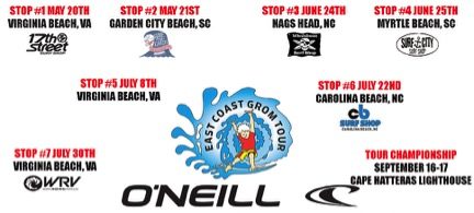 East Coast Grom Tour co-founders Seth Broudy and Phil Jackson are excited to announce that the 2017 O’Neill East Coast Grom Tour Championships will be held on September 16th-17th in Buxton, NC